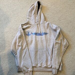 Champion Light Gray Hoodie with Blue Logo